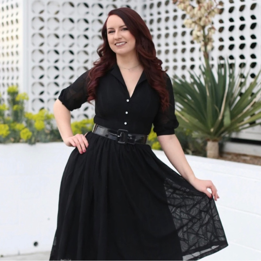 Tatyana Black Button-Front Midi Dress with Sheer Sleeves